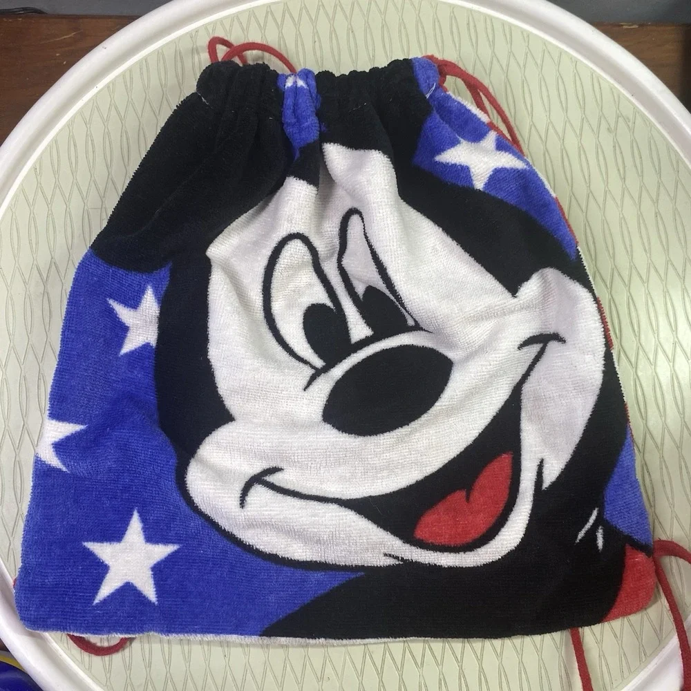 Disney Mickey Mouse Kohl's Terry Cloth Kids Tote Beach Bag Drawstring USA‎ Flag